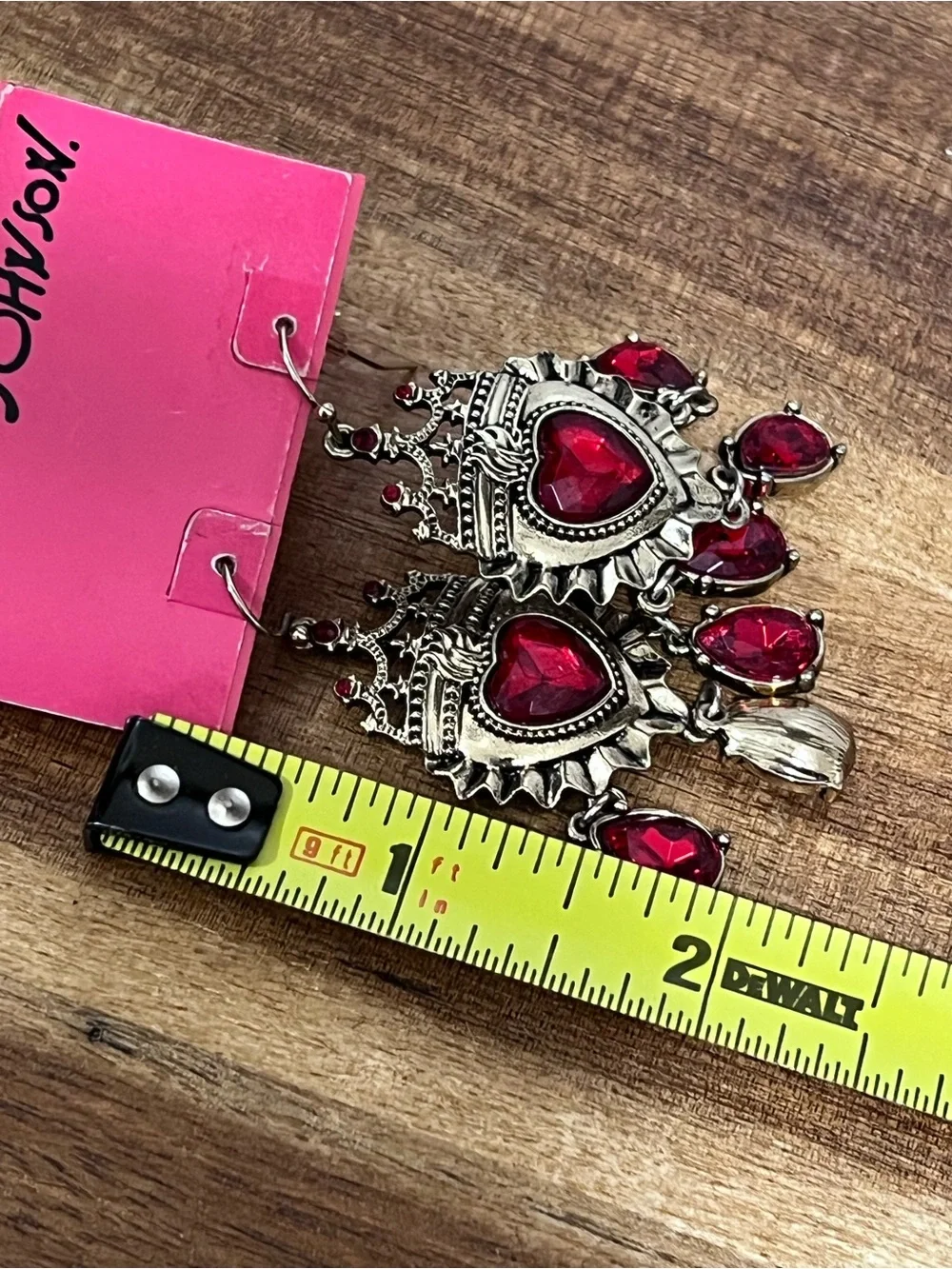 Betsey Johnson Gold-Tone Crown Heart Dangle Earrings with Red Stones